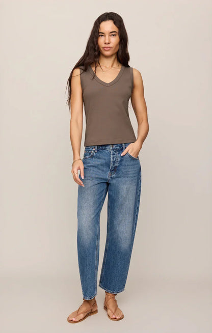 Ellie Rib V Neck Tank- Pebble Coast