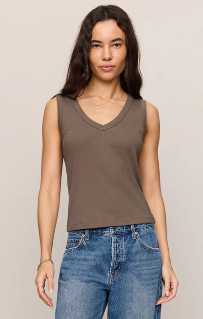 Ellie Rib V Neck Tank- Pebble Coast