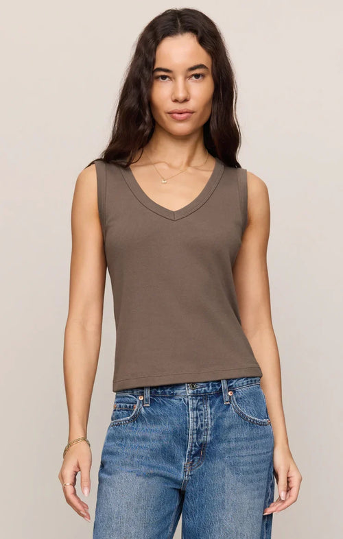 Ellie Rib V Neck Tank- Pebble Coast