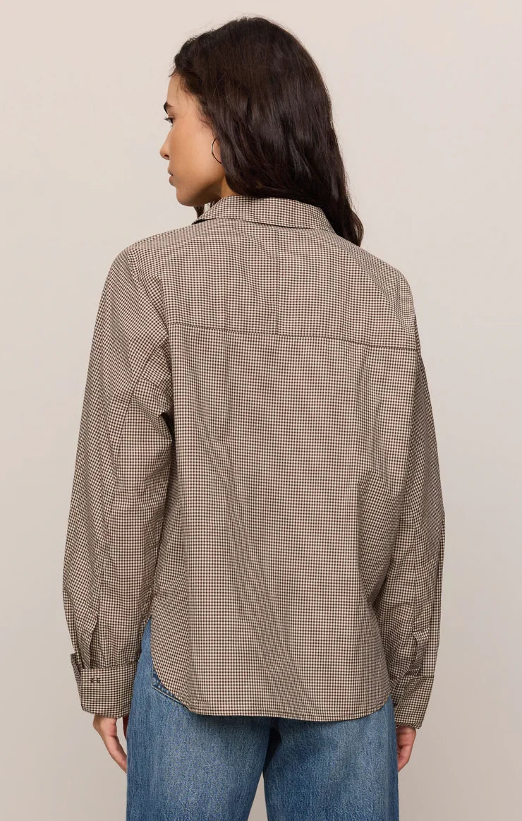 On Duty Gingham Button Up Top- Dark Chocolate