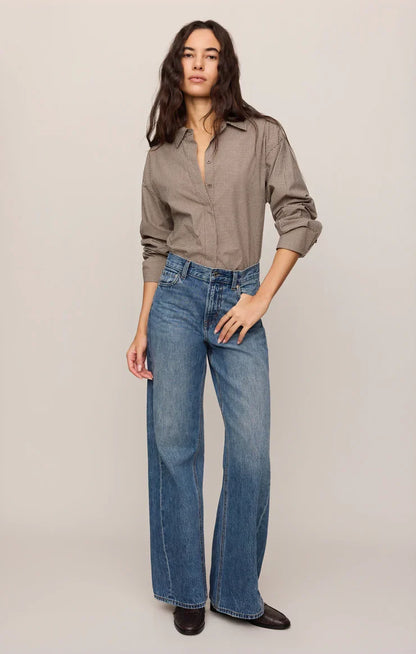 On Duty Gingham Button Up Top- Dark Chocolate