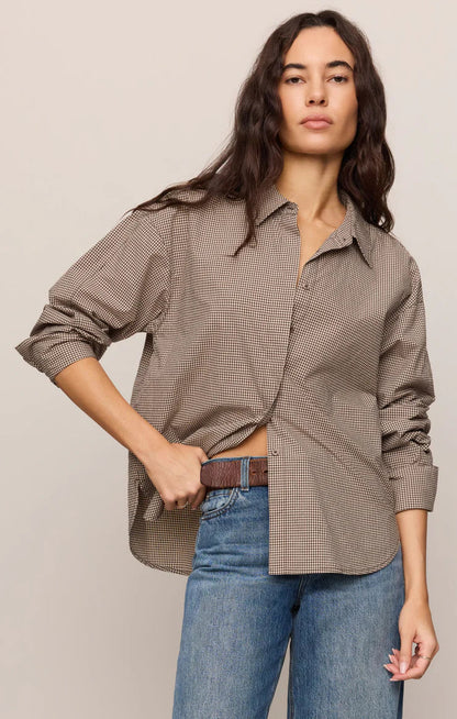 On Duty Gingham Button Up Top- Dark Chocolate