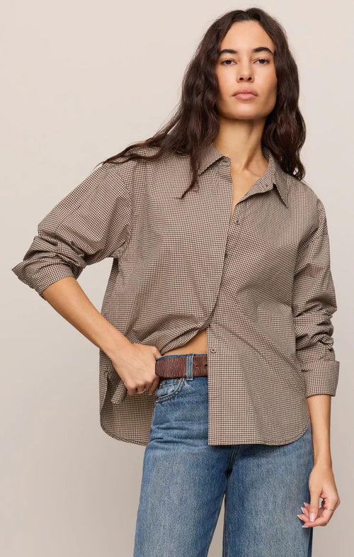 On Duty Gingham Button Up Top- Dark Chocolate