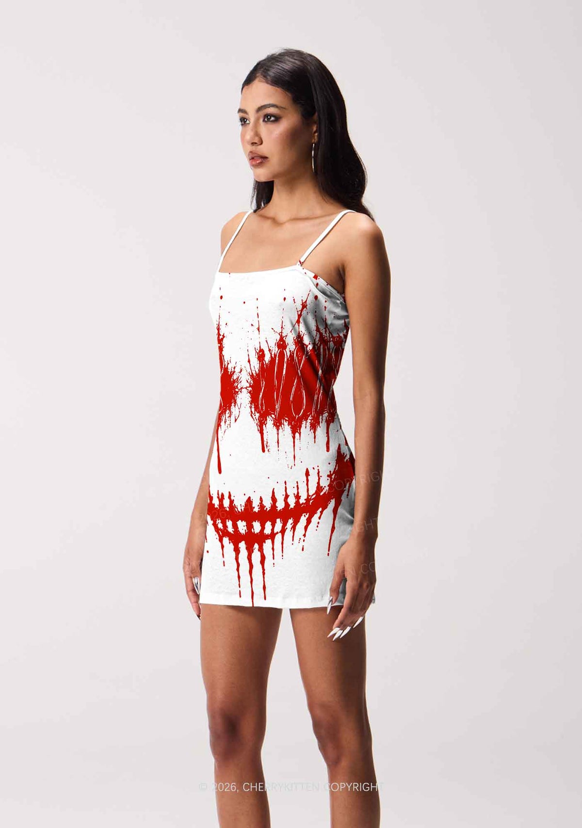 Halloween Blood Drip Face Y2K Print Slip Dress Cherrykitten