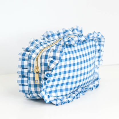 Gingham Ruffle Zipper Pouch - Royal Blue