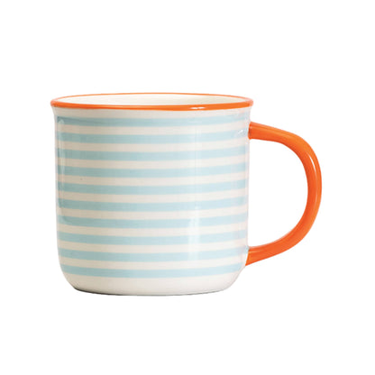 Blue Striped Mug with Orange Handle