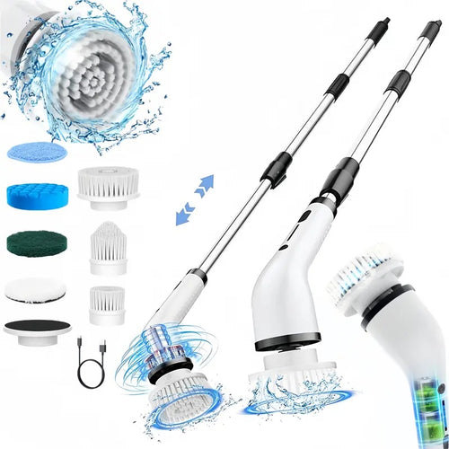 Cordless Electric Spin Scrubber, 8 Replaceable Brush Heads, 3-Length Extendable Handle, Dual-Speed, IPX7 Waterproof & USB-C Rechargeable