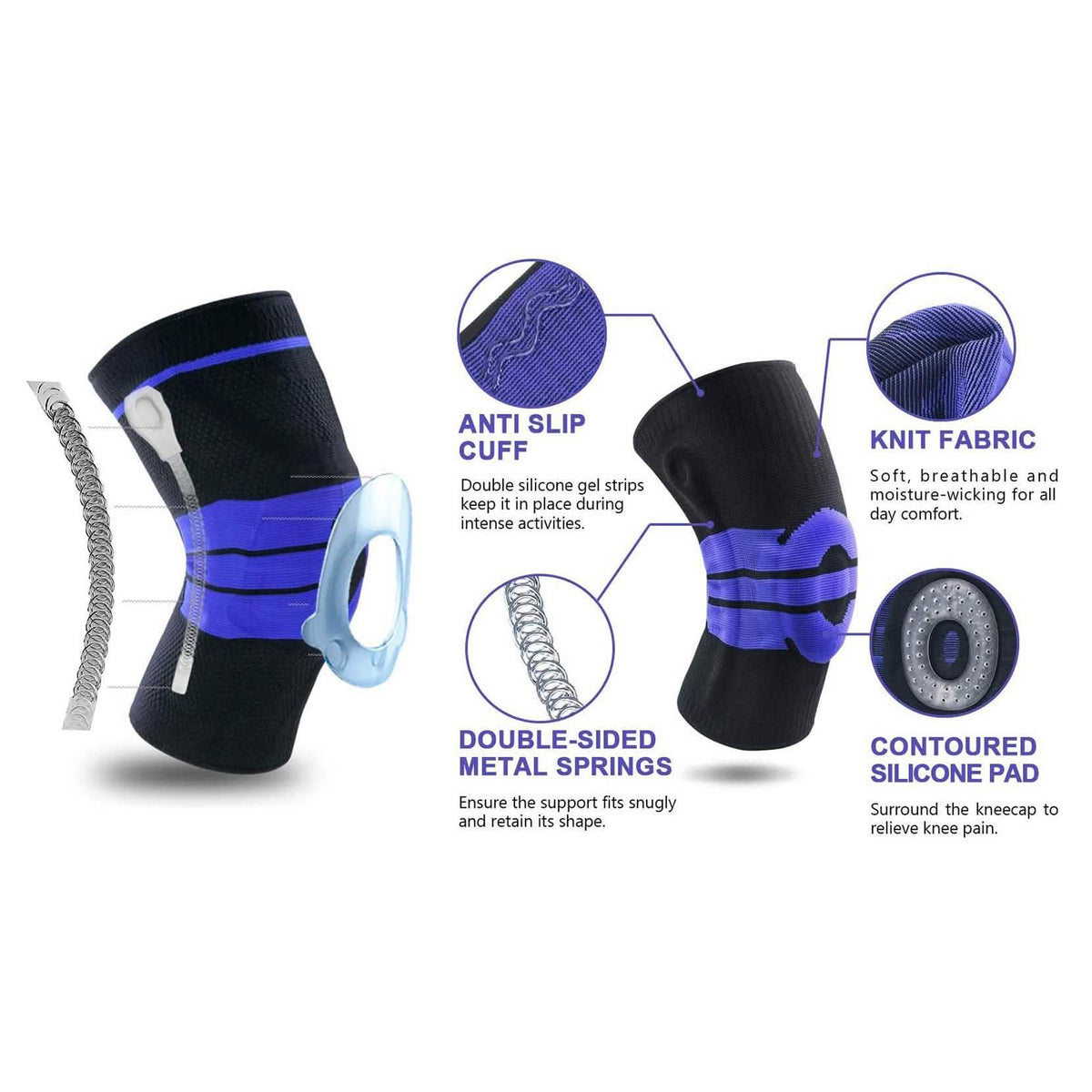 Anti Slip Springs Stabilizers Knee Compression Support Sleeve With Patella Gel Pad