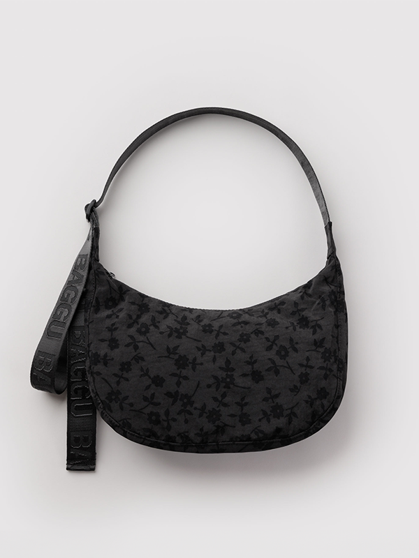 Medium Nylon Crescent Bag: Charcoal Ditsy Floral