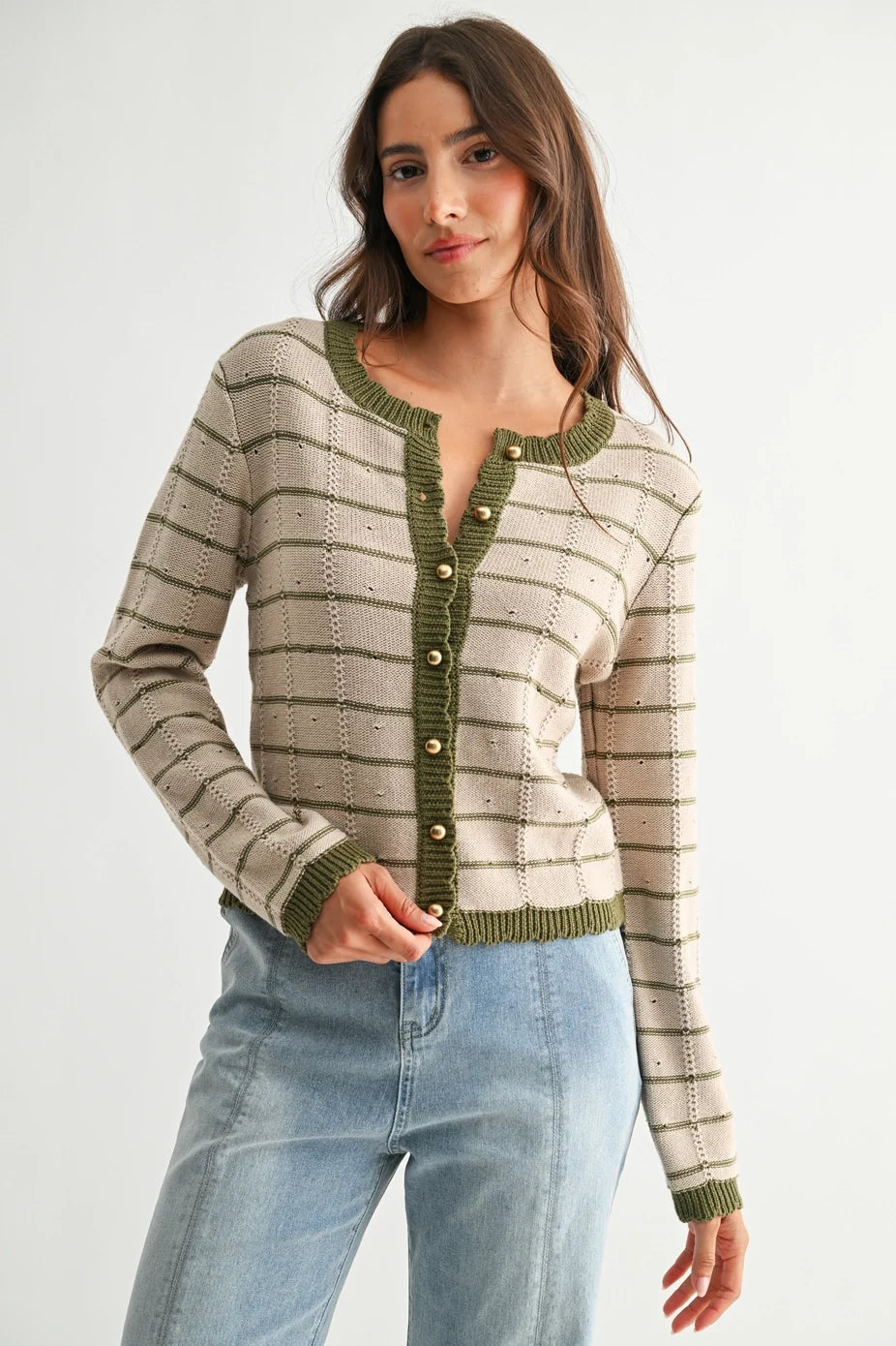 Olive Striped Cardigan with Gold Buttons
