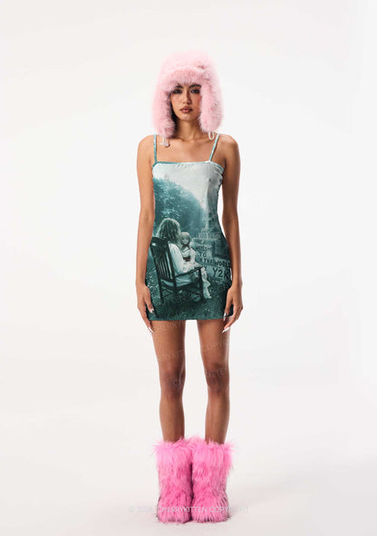 Halloween Graveyard Doll Y2K Print Slip Dress Cherrykitten