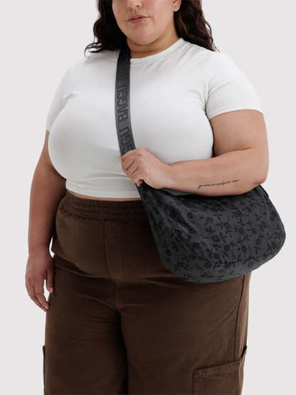 Medium Nylon Crescent Bag: Charcoal Ditsy Floral