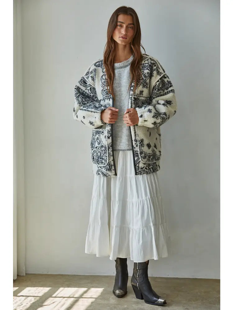 Fleece Sherpa Paisley Print Jacket
