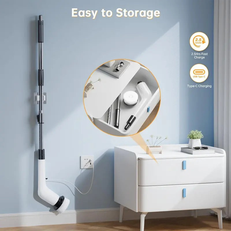 Cordless Electric Spin Scrubber, 8 Replaceable Brush Heads, 3-Length Extendable Handle, Dual-Speed, IPX7 Waterproof & USB-C Rechargeable