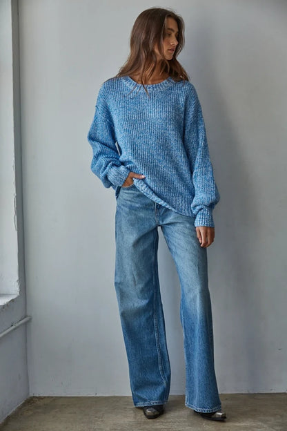 Knit Sweater Cotton Ribbed High Mock Neck Top - Blue