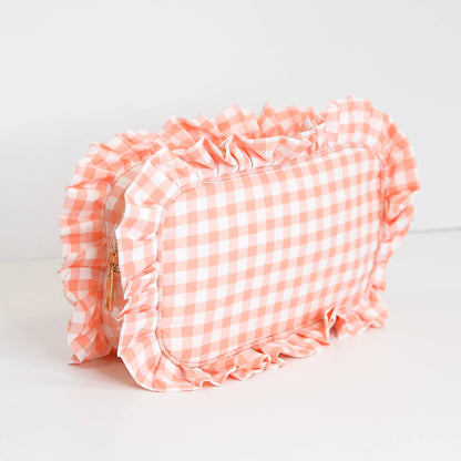 Gingham Ruffle Zipper Pouch - Peach