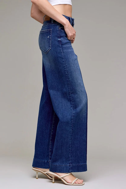 Pintuck 32" - Dark Wash High Rise Wide Leg