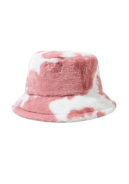 Cow Print Faux Wool Plush Bucket Hat