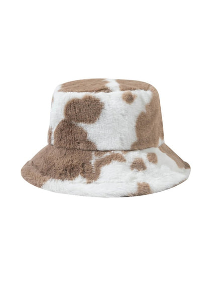 Cow Print Faux Wool Plush Bucket Hat