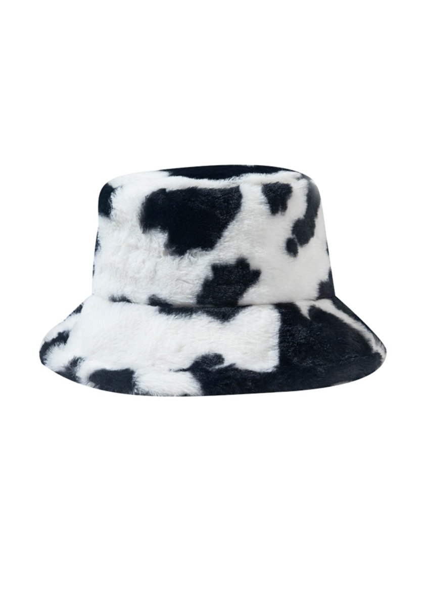 Cow Print Faux Wool Plush Bucket Hat