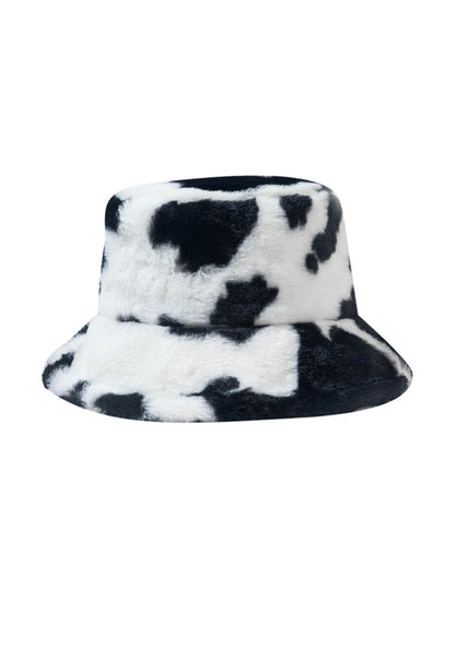 Cow Print Faux Wool Plush Bucket Hat