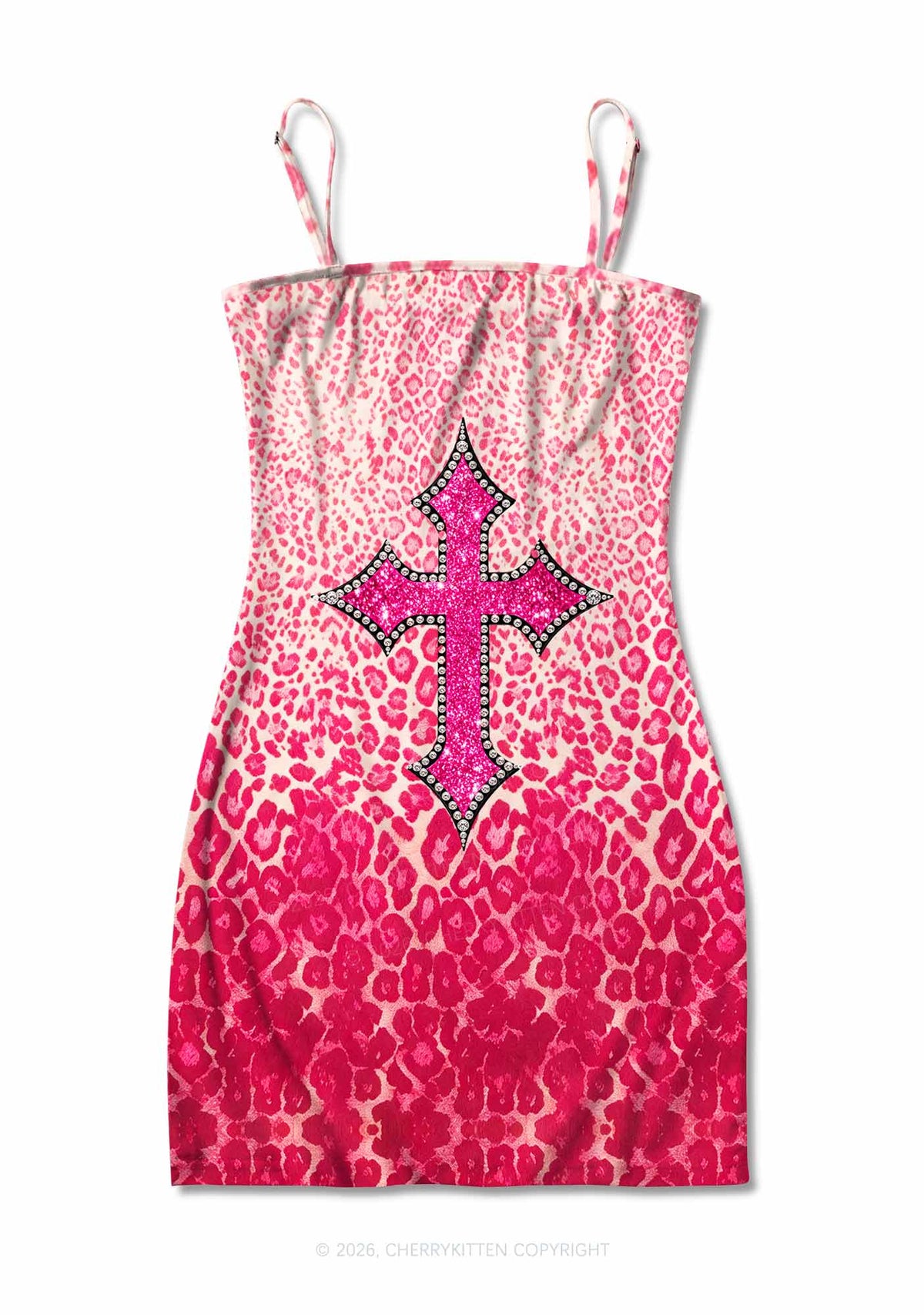 Halloween Pink Leopard Cross Y2K Print Slip Dress Cherrykitten