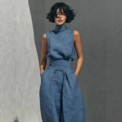 Women’s Cotton Linen Two-Piece Set – Sleeveless Top & Wide-Leg Pants