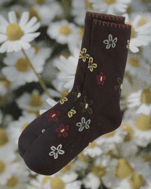 Dancing Daisies Crochet Cuff Crew- Chestnut
