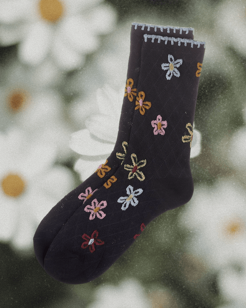 Dancing Daisies Crochet Cuff Crew Socks - Navy