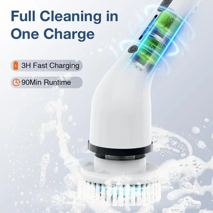 Cordless Electric Spin Scrubber, 8 Replaceable Brush Heads, 3-Length Extendable Handle, Dual-Speed, IPX7 Waterproof & USB-C Rechargeable