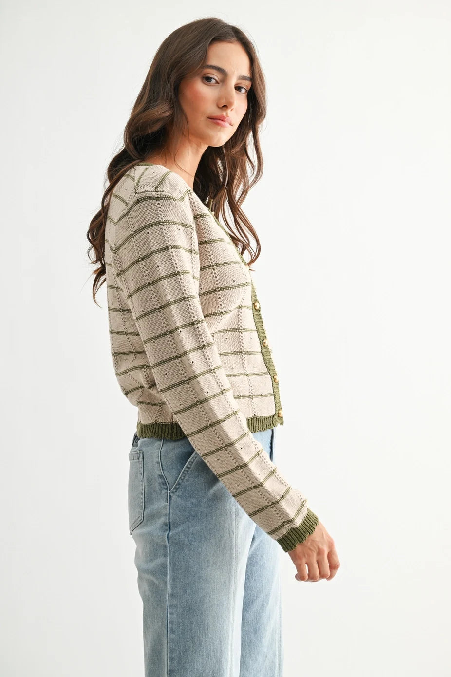 Olive Striped Cardigan with Gold Buttons