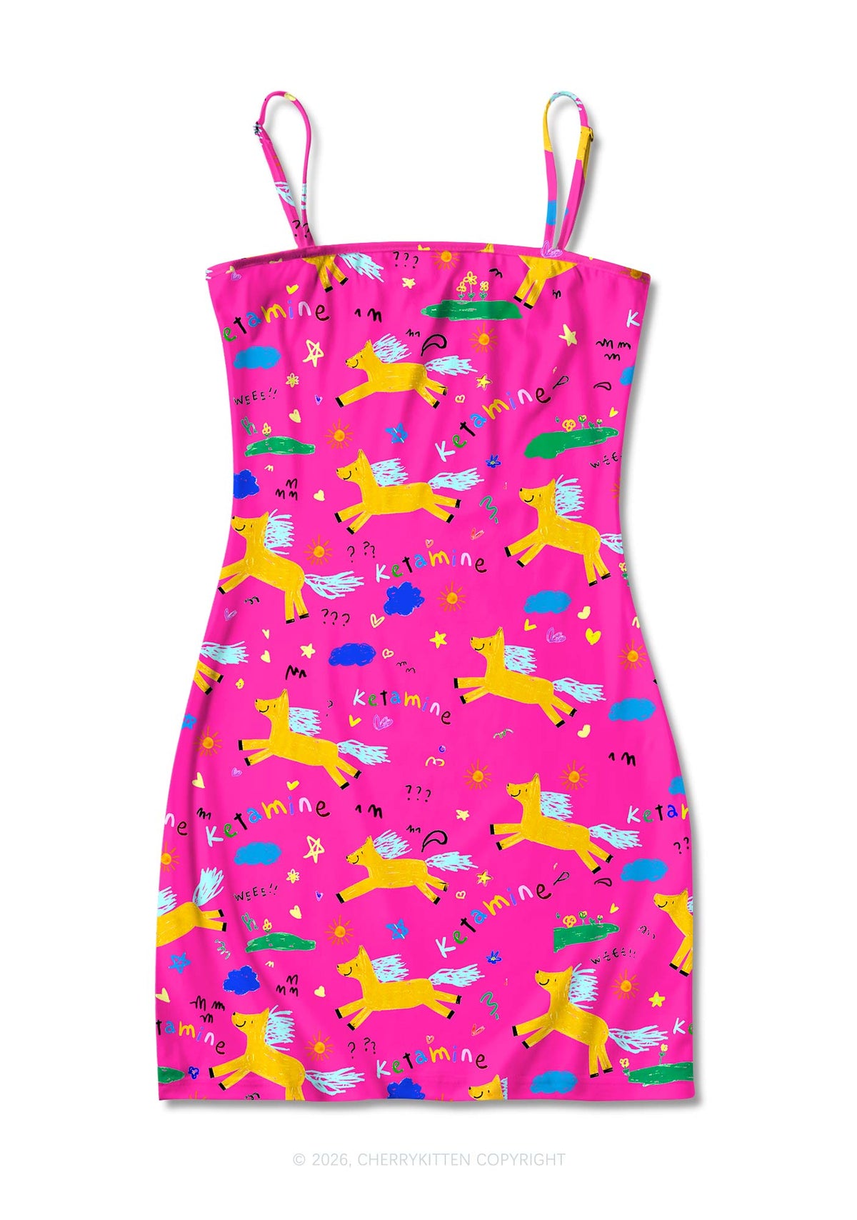 Orange Pony On Hot Pink Y2K Print Slip Dress Cherrykitten