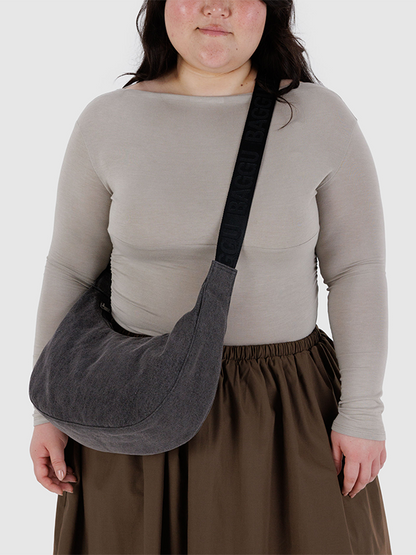 Medium Denim Crescent Bag: Washed Black Denim