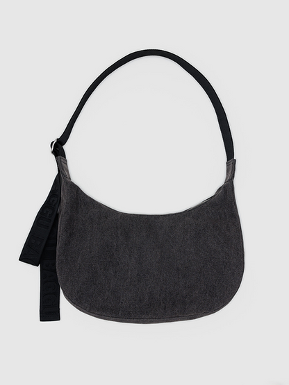 Medium Denim Crescent Bag: Washed Black Denim