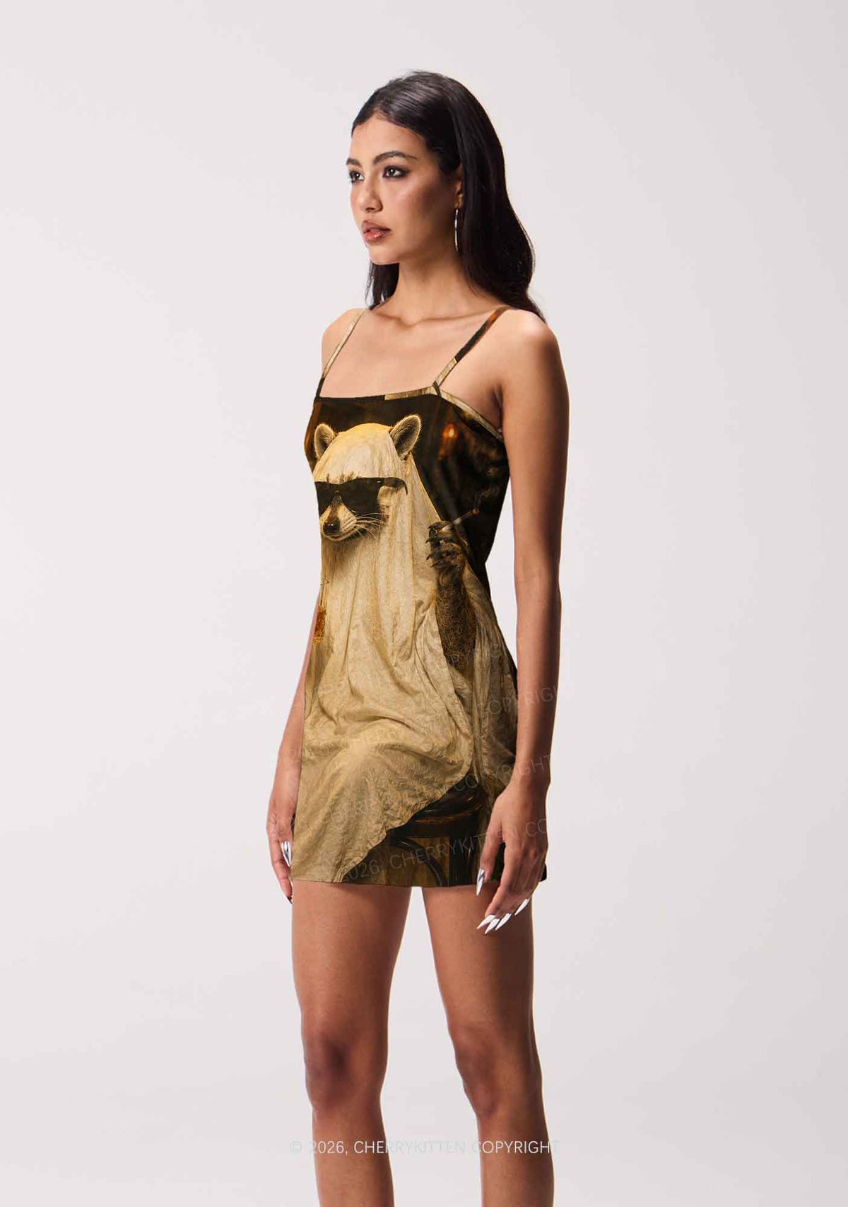 Halloween Ghost Raccoon Bar Y2K Print Slip Dress Cherrykitten