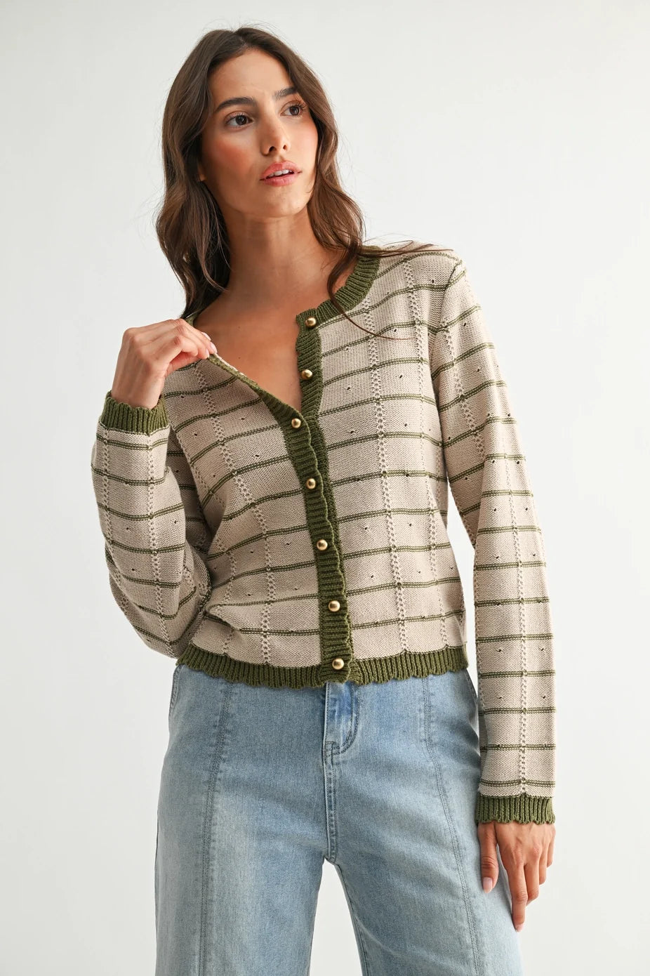 Olive Striped Cardigan with Gold Buttons