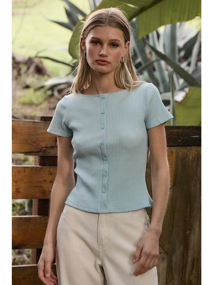 Ribbed Button Front Short Sleeve Knit Sweater