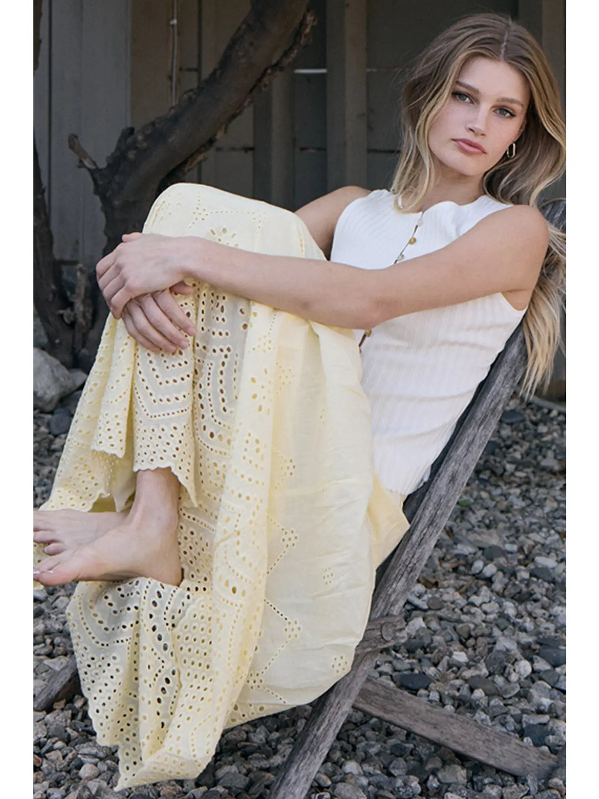 Tiered Embroidered Eyelet Midi Skirt- Butter