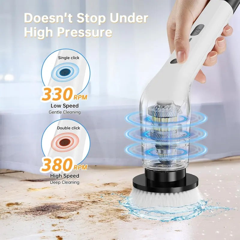 Cordless Electric Spin Scrubber, 8 Replaceable Brush Heads, 3-Length Extendable Handle, Dual-Speed, IPX7 Waterproof & USB-C Rechargeable