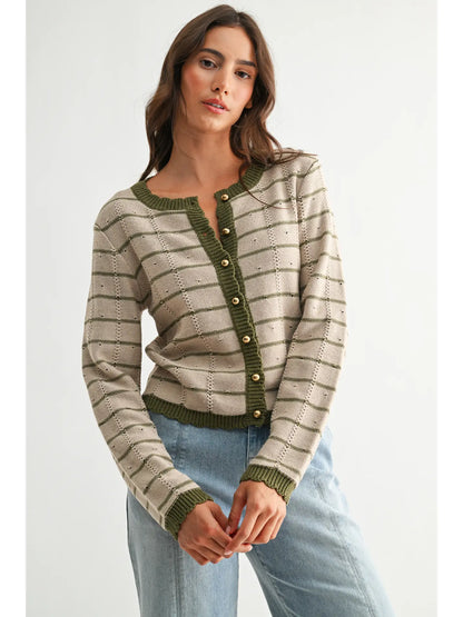 Olive Striped Cardigan with Gold Buttons