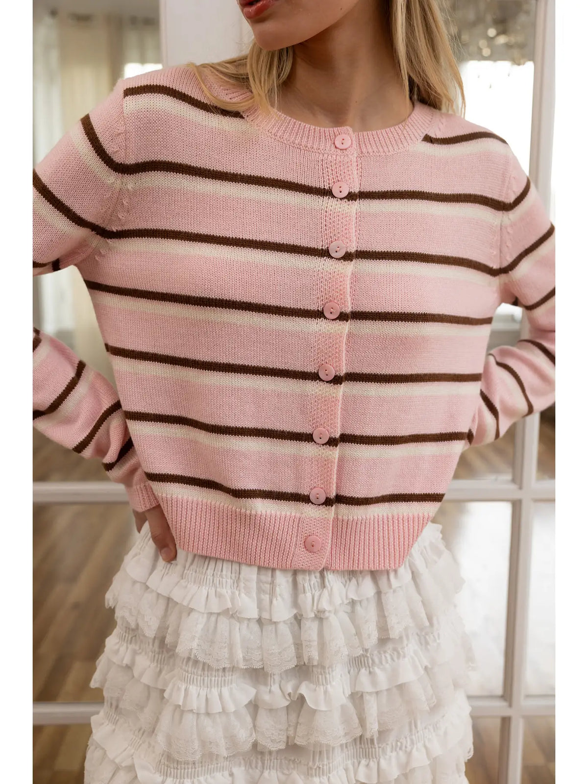 Blush Mocha Striped Button-Up Knit Cardigan