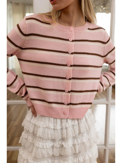 Blush Mocha Striped Button-Up Knit Cardigan