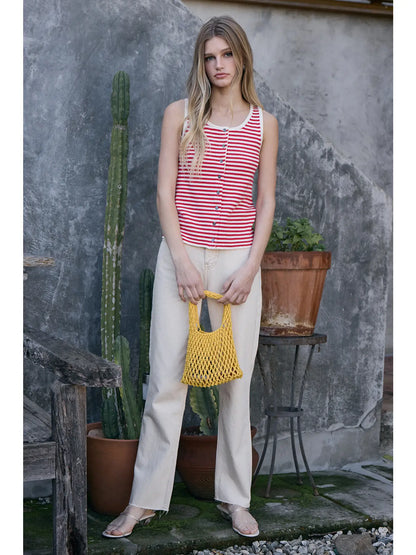 Red Striped Knit Button Tank Top