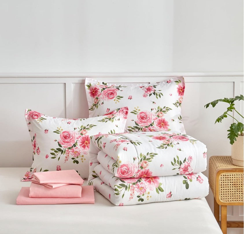 Elegant 7-Piece Queen Floral Bedding Set & 6-Piece Twin Comforter Set - Soft Microfiber, Reversible Pink & White Design