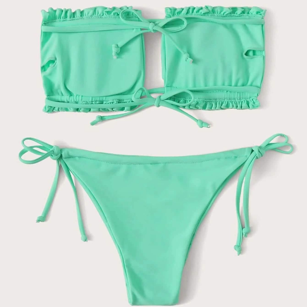 Frill Trim Bandeau Tie Side Bikini Swimsuit