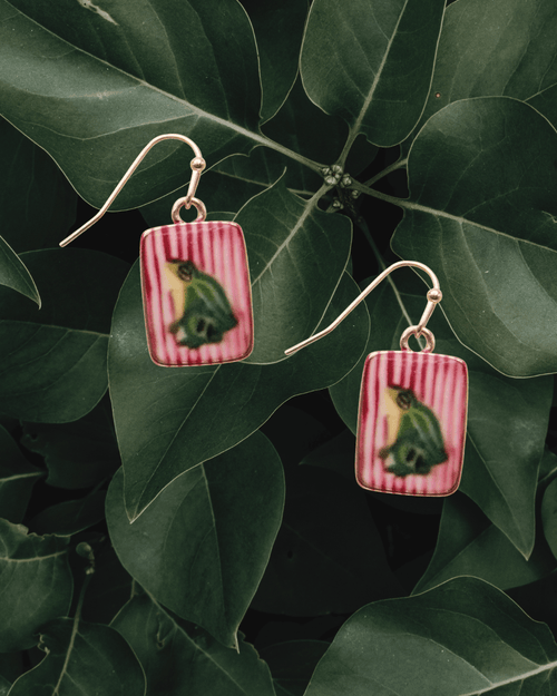 Funky Frog Print Gold Stripe Earrings