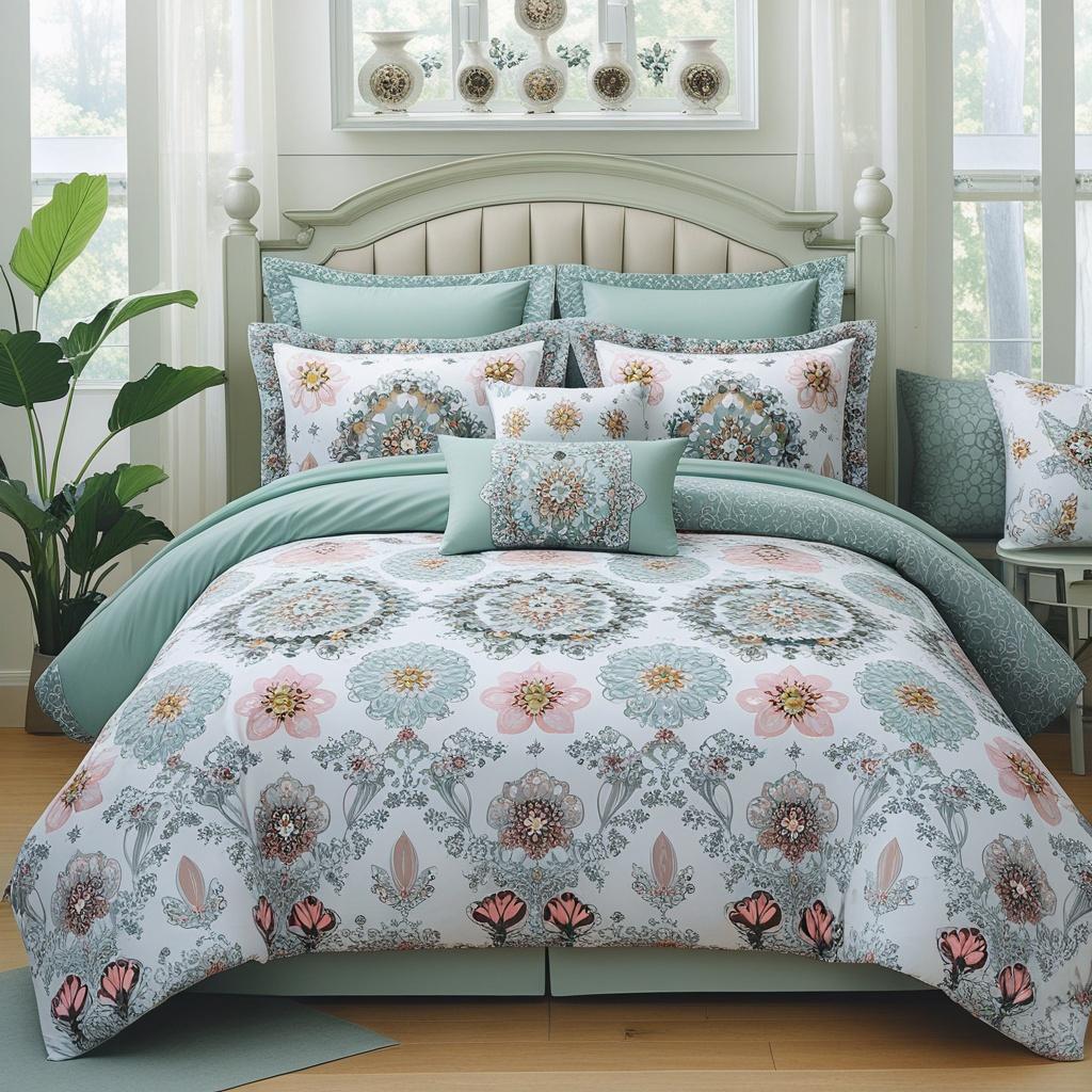 Boho Floral Comforter Set - 7 Piece Queen Bedding in Light Green Microfiber with Elegant Design