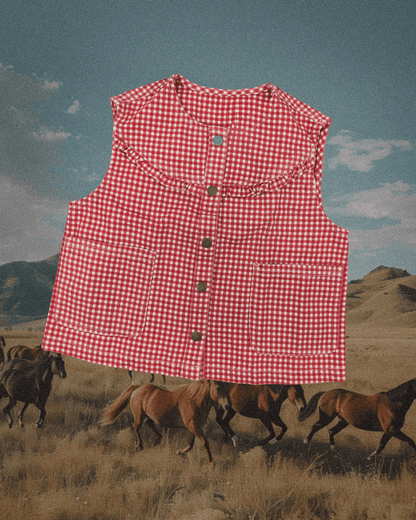 GIngham Printed Button Front Vest - Red