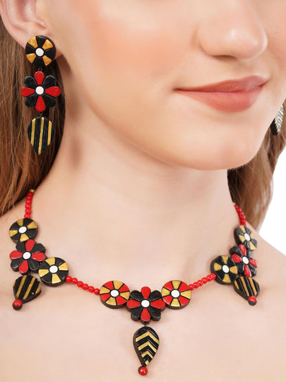 Floral Clay Boho Necklace & Dangle Earrings Set
