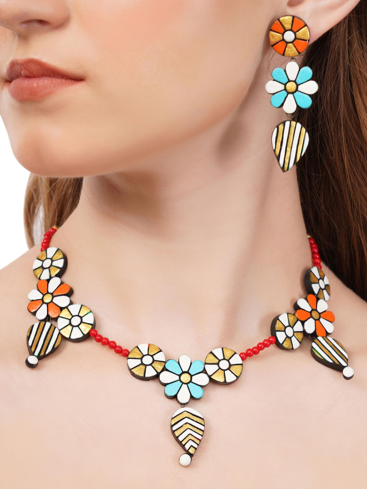 Floral Clay Boho Necklace & Dangle Earrings Set